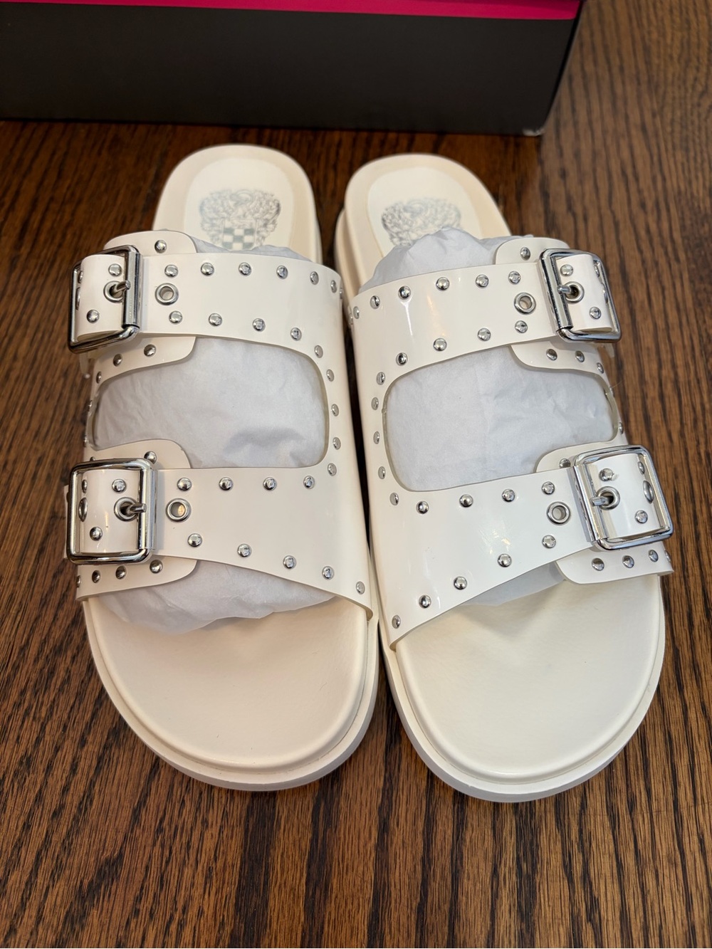 Vince Camuto White Studded Double-Buckle Slide Sandals
